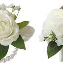 Meldel Wrist Corsage and Boutonniere Set(2pcs), Ivory White Artificial Silk Rose Pearls Bracelets Corsage for Bride, Groom Best Man Boutonniere Wedding Flower Accessories Prom Ceremony Party Decor