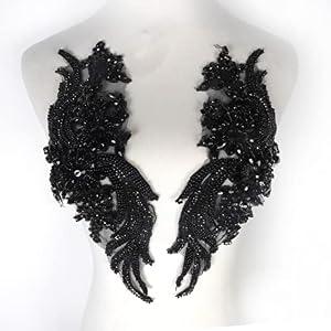 La Belleza 1 Pair Hand-Made Beaded Rhinestons DIY Clothing Appliques Patch, 14.5" *4.9" Wedding Dress Decoration, Black Flower Applique by Pair