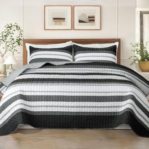 Whale Flotilla Full Queen Size Quilt Set - Reversible Black Quilts Queen Size with 2 Pillow Shams, Lightweight Boho Striped Bedspreads Coverlet Bedding Set for All Seasons