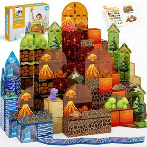 TOY Life 79PCS Magnetic Tiles Dinosaur Toys Set, Magnet Building Blocks Lava Dino World for Kids Ages 3-5, Jungle Animals Construction Toys for Toddlers 4-8, STEM Educational Gift for Boys & Girls 3+