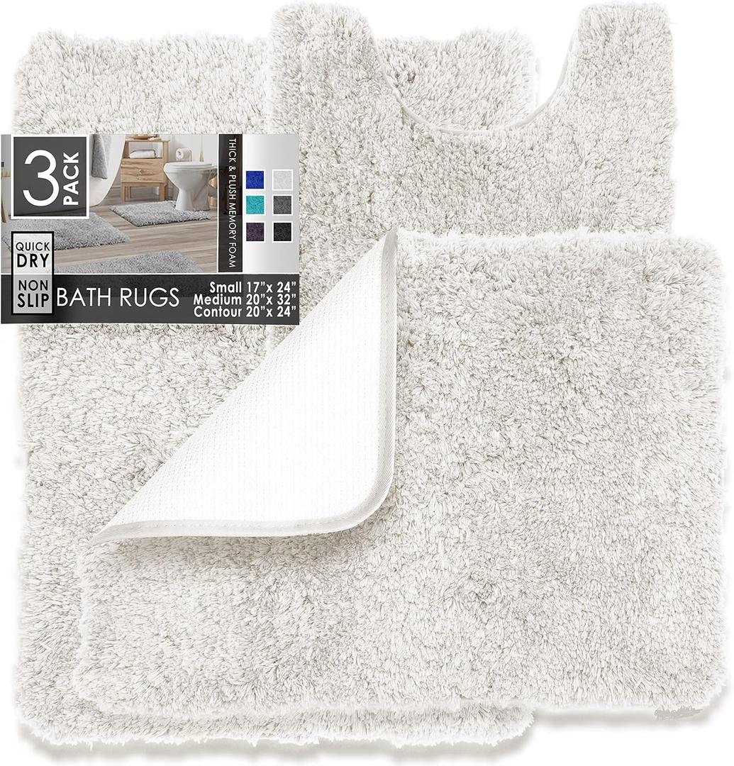 Clara Clark Ultra Soft Shaggy Rugs - 3 Piece Bathroom Set, Machine Wash, Non Slip Backing, White