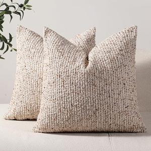 DEZENE Striped Throw Pillow Covers 20x20 Set of 2 Beige Textured Boucle Chic Morden Boho Accent Farmhouse Square Decorative Couch Pillow Covers for Home Decor Bed Sofa Living Room
