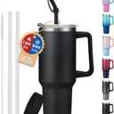 40oz Tumbler with Handle and Straw Lid - Insulated Water Bottle Keep Cold-34H, Stainless Steel Hydro Cup Travel Flask with Dust-proof Cap, Rubber Base, Coffee Mug for Men Women (Black)