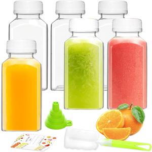 6PCS 8oz Reusable Plastic Juice Bottles with White Tamper Proof Lids, Brush, Funnel & Labels - Clear Juice Containers for Juicing, Smoothies & Homemade Beverages