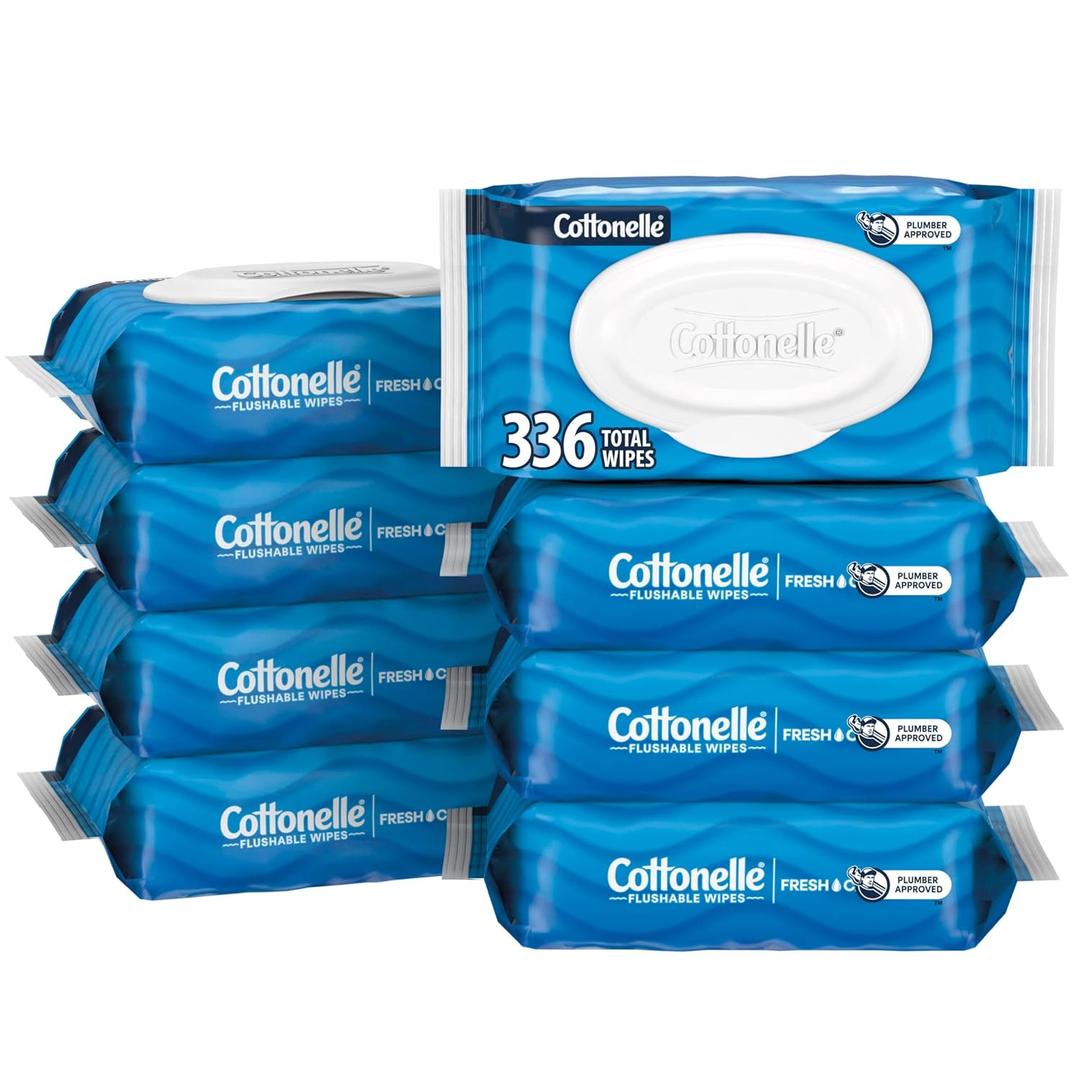 Cottonelle Fresh Feel Flushable Wet Wipes, Adult Wet Wipes, 8 Flip-Top Packs, 42 Wipes Per Pack (336 Total Wipes)