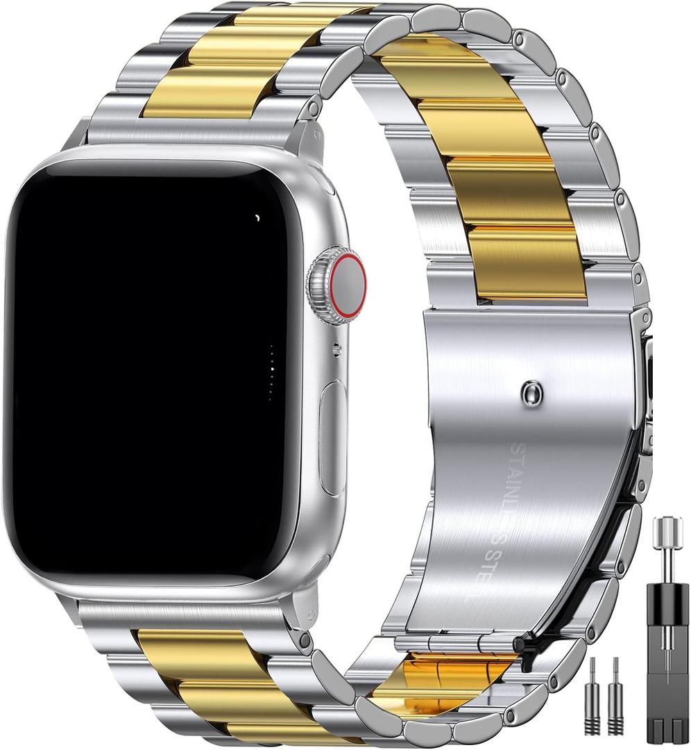 EPULY Compatible with Apple Watch Band 42mm 44mm 45mm 38mm 40mm 41mm, Business Stainless Steel Metal Wristband for iWatch SE Series 7 6 5 4 3 2 1 for Men Women (Silver+Gold, 45mm 44mm 42mm)