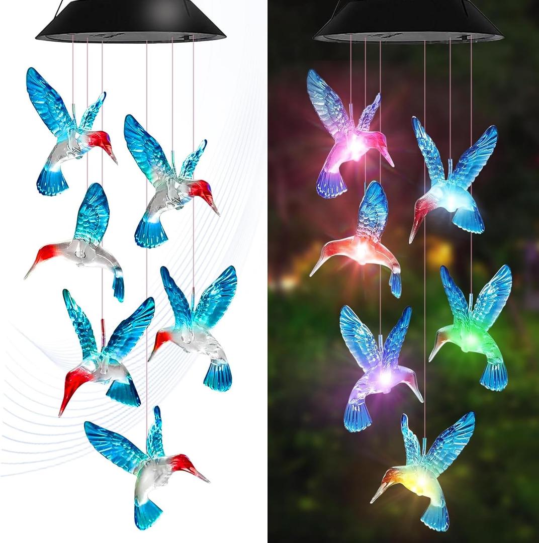 Hummingbird Solar Wind Chimes for Outside - AIONASA Color Changing LED Outdoor Solar Lights Waterproof Windchimes, Hanging Gifts for Mom Grandma Women, Home Garden Patio Yard Porch Decoration