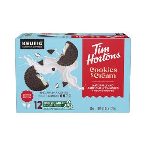 Tim Hortons Cookies & Cream Flavored Coffee 12ct KCUPs, BBD: 02/16/2026