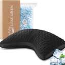 Cooling Contour Pillow for Side and Back Hot Sleepers Curved Memory Foam Pillow for Neck and Shoulder Pain Relief - Adjustable Shredded Memory Foam with Washable Cover Black Queen Size (Black Quilt-like Crescent)