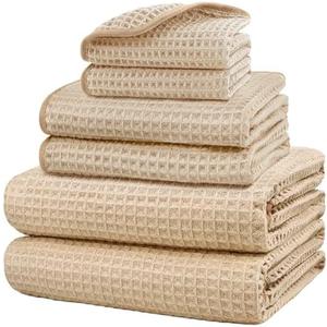 HOMEXCEL 6 Piece Premium Towels Set, 2 Bath Towels, 2 Hand Towels, and 2 Wash Cloths, Soft, Highly Absorbent and Quick Dry Microfiber Waffle Towel for Bathroom, Gym, Shower, Hotel, and Spa, Beige