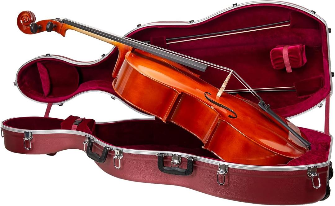 Crossrock ABS Cello Case for 4/4 & 3/4 Size | Wine Red Velvet Interior, Molded Hardshell with Wheels, Lock, Dual Bow Holders & Backpack Straps-Dark Red (CRA862CEFDR)