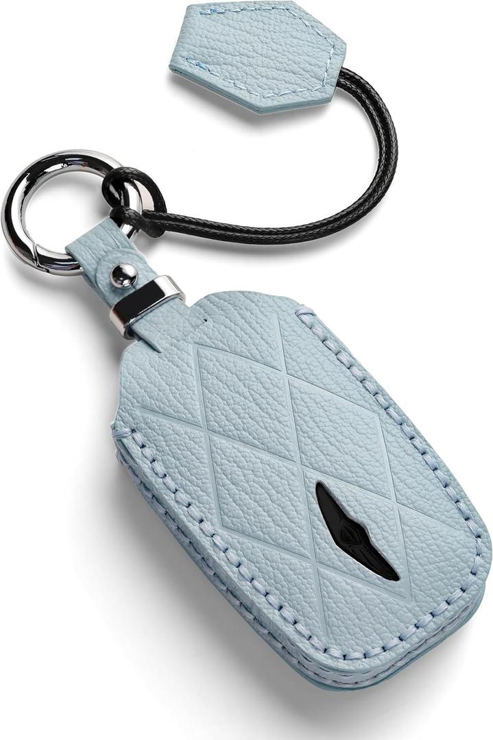 Genuine Leather Key Fob Cover Compatible with Genesis G80 GV80 2024 2025 2026, G70 2023 2024 2025, Keyless Fob Case with Keychain & Lanyard for Genesis Key Fob (5 Buttons, Blue)