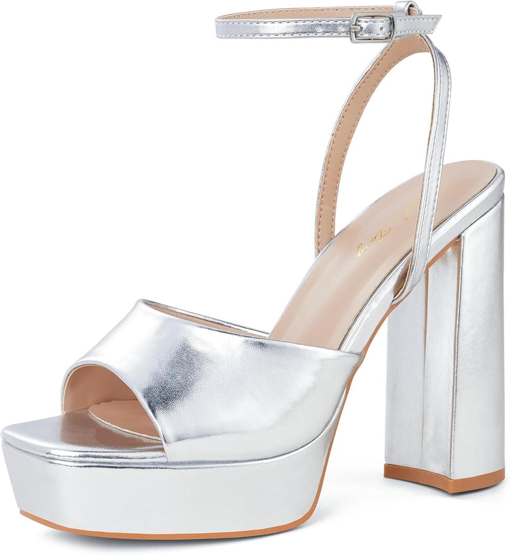 Elisabet Tang Chunky Heeled Platform Sandals for Women, 4.7 Inch Block Heels with Open Toe Ankle Strap, Dress Shoes for Wedding Party Homecoming Travel Silver, Size 7
