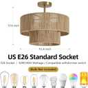 Boho Semi Flush Mount Ceiling Light Gold Rattan Ceiling Light 15.4" Farmhouse Ceiling Lamp with Natural Hemp Rope Lampshade for Dining Room Living Room Bedroom Kitchen, 16 Inch