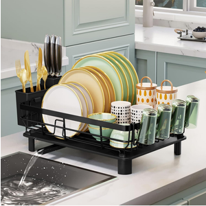 Lyellfe Dish Drying Rack, Rust-Proof Dish Drainer with Drainboard Utensil Cup Holder, Black Iron Dish Rack and Drainboard Set for Kitchen Counter, Over The Sink
