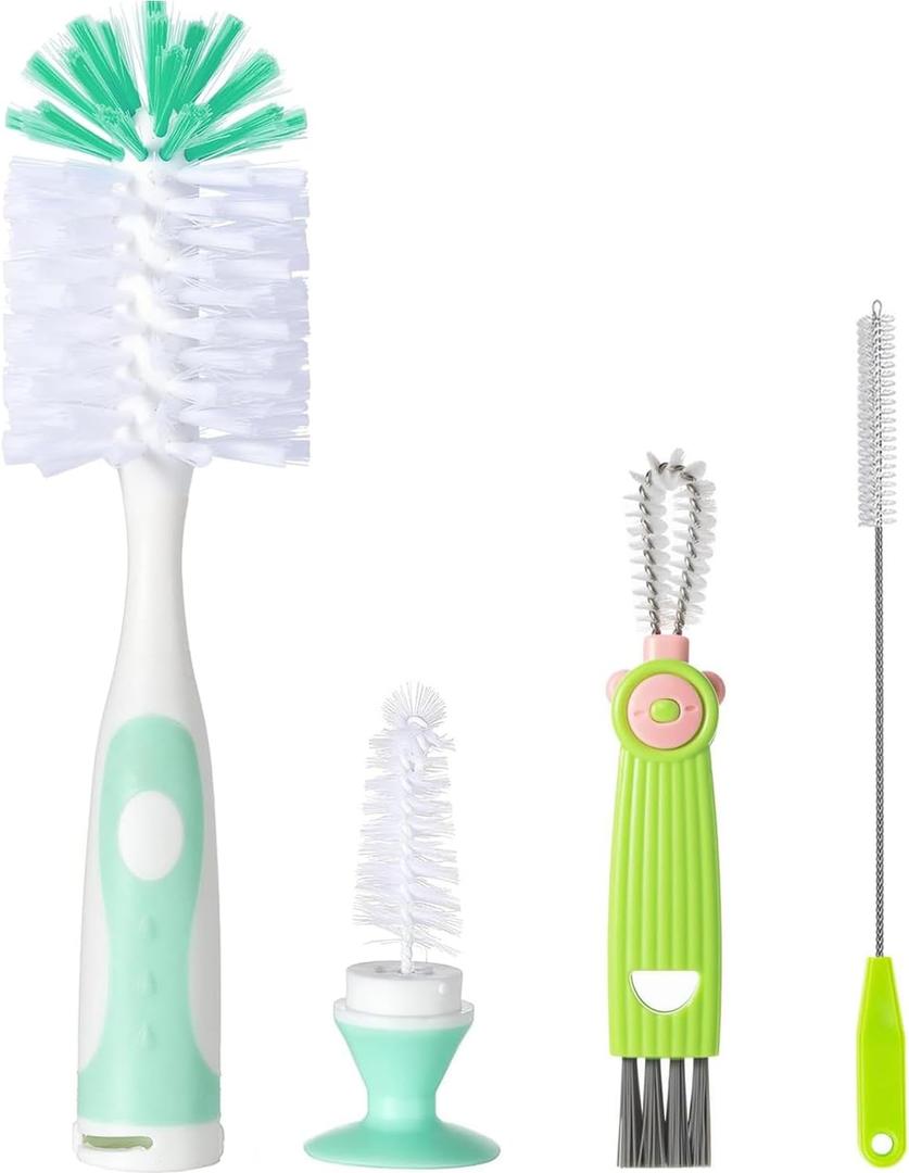Baby Bottle Brush Set 4 in 1, Baby Bottle Cleaner, with 1P Nylon Bottle Brush, 1P Bottle Cap Brushes, 2P Straw Brushes, Bottle Brush with Nipple Cleaner and Suction Cup, BPA-Free(Green)