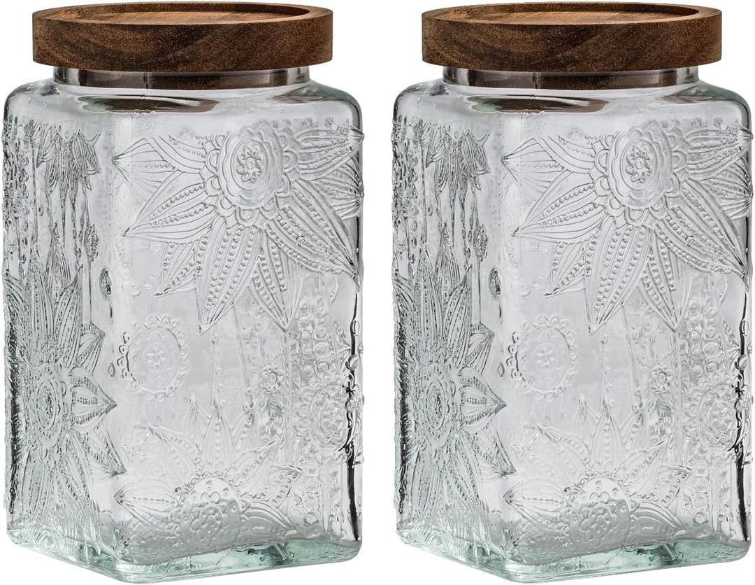 Vintage Glass Sealed Storage Jar with Sealed Wooden Lid, Kitchen Storage Glass Food Storage Container for, Coffee Beans, Oats, Flour, Cereal, Food Storage Jar (Sunflower)