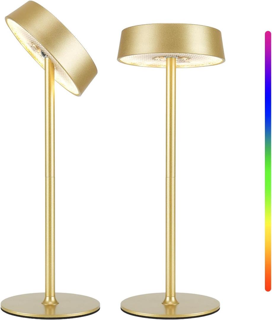 Cordless Lamp, Rechargeable Table Lamp, Battery Operated, RGB Dimmable Touch Control, 3 Color Temperatures, LED Memory Function, Portable Outdoor Waterproof, Restaurant Dining Patio Kitchen, Gold 2Pcs