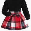 Toddler Girls Plaid Outfits Girls Puff Sleeve Knit Ribbed Shirt Tops Plaid Skirt Set Kids Fall Winter Clothes Size 9Y