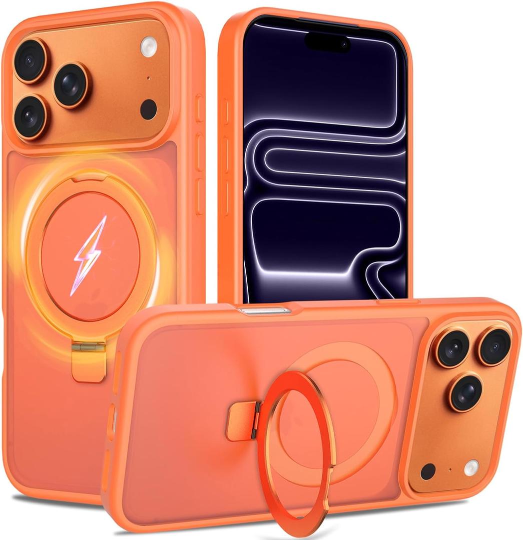 2 x Ultra-Magnetic Stand for iPhone 17 Pro Max Case [Military Drop Protection] [Compatible with MagSafe] Shockproof Translucent Matte Slim Ring Holder Case for iPhone 17 Pro Max (Orange)