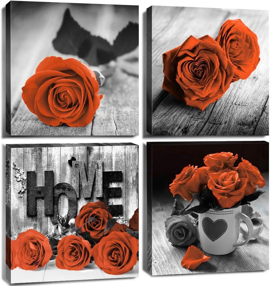 Burnt Orange Wall Art Floral Wall Art for Living Room Vintage Rose Flower Pictures Couples Bedroom Bathroom Rustic Modern Black and White Canvas Prints Kitchen Office Home Decoration 1212" 4 Pcs/Set