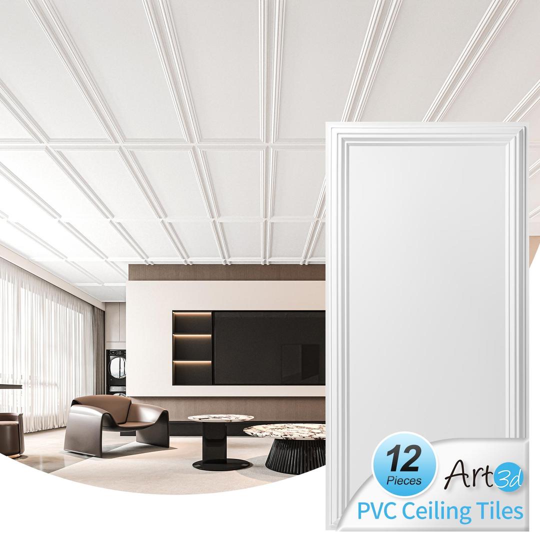 Art3d Drop Ceiling Tiles 48x24, Decorative PVC Ceiling Panels, Waterproof Rustproof and Durable 12-Pack, Glue Down, Rectangular White 