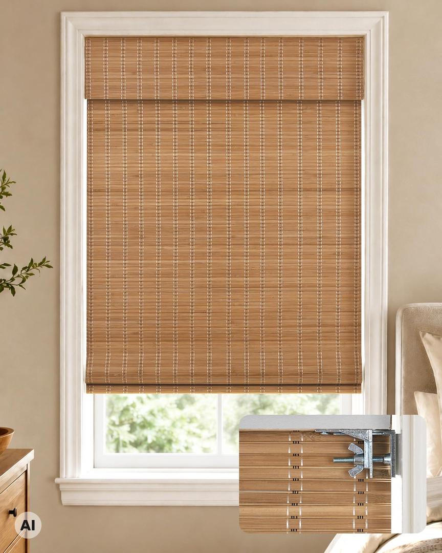 LazBlinds 100% Blackout No Drill Bamboo Roman Shades, Cordless Bamboo Blinds for Indoor Windows, Room Darkening Shades for Home & Patio, Thermal Insulated, Brown206, 22" W x 48" H