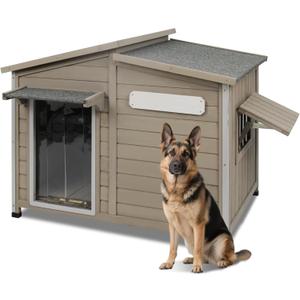 Large Outdoor Wooden Dog House, Weatherproof Dog Houses with Adjustable Vent Windows, Alloy Chew-Resistant Frame, Removable Floor for Medium & Large Dogs, (43.5" L x 29.5" W x 33.5" H)