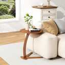C Shaped End Table, Small Round Side Table for Couch, Slide Under Sofa Tray Desk for Living Room Bedroom, Solid Wood TV Tray Table for Narrow Space (17 Chestnut)