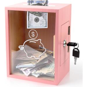 Clear Piggy Bank with Lock, Large Money Saving Jar Money Bank Box Container for Cash Saving, Openable Clear Money Coin Change Bank Jar Container Penny Piggy Jar Bank for Adults Kids, Pink