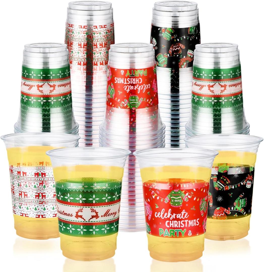Greencian 100 Pcs Christmas Sweater Plastic Cups 16 oz Christmas Disposable Plastic Cups Tree Santa Reindeer Snow Drinking Cups for Winter Xmas Holiday Party Supplies