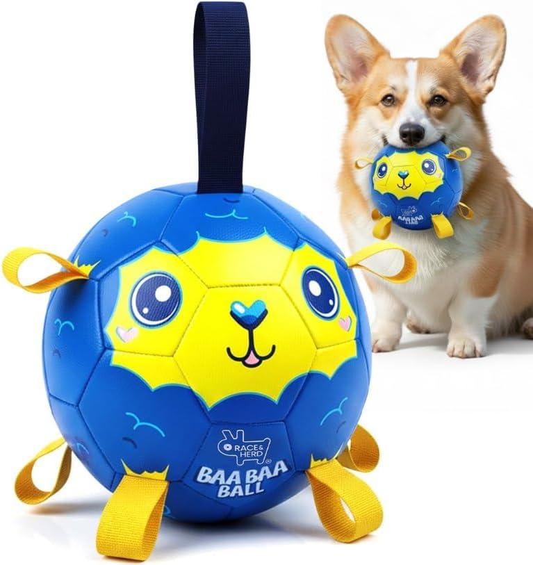 BaaBaa Ball, Dog Toys Soccer Ball with Straps, Interactive Dog Toys for Tug of War, Puppy Birthday Gifts, Dog Tug Toy, Dog Water Toy, Durable Dog Balls World Cup for Small & Medium Dogs (8 Inch)