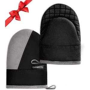 Mini Oven Mitts, Kitchen Oven Gloves Kitchen Mittens 500 Degrees Heat Resistant Baking Gloves, Non-Slip Silicone Surface with Hanging Loops Hot Gloves for Cooking, Baking, BBQ 1 Pair-Black