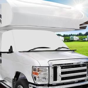 Mofeez RV Windshield Cover Compatible with Class C Ford 1997-2025, UV Block Offer Complete Privacy with Light Preserves Interior (White Color with Mirror Cutouts)