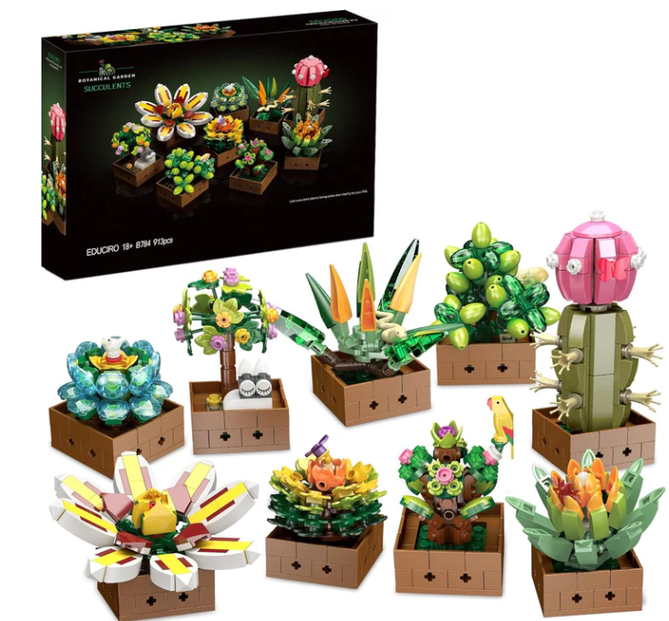 Educiro Flower Botanical Bonsai Building Set, Succulent Building Toys Block - 9 Pack, for Home Decor, Valentine's Day, Mother's Day, Christmas for Adults and Kids - 913pcs