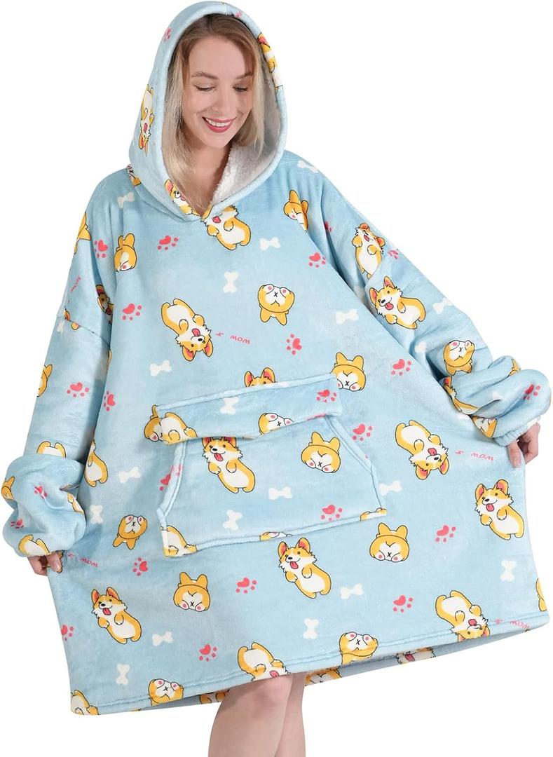 Fiosnow Corgi Blanket Hoodies for Women and Men Adult Oversize Wearable Blanket Hoodies for Soft and Warm (Light Blue Corgi)