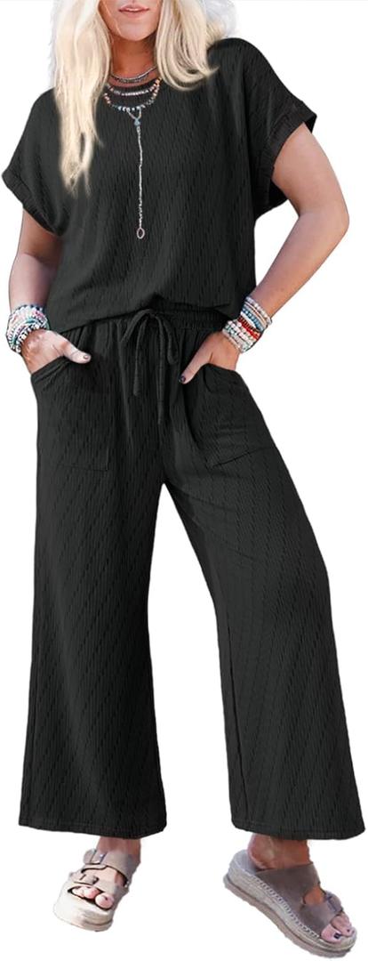 Dokotoo 2 Piece Sets for Women Casual Short Sleeve Summer Tops and High Rise Wide Leg Pants Lounge Sets (Small, Black)