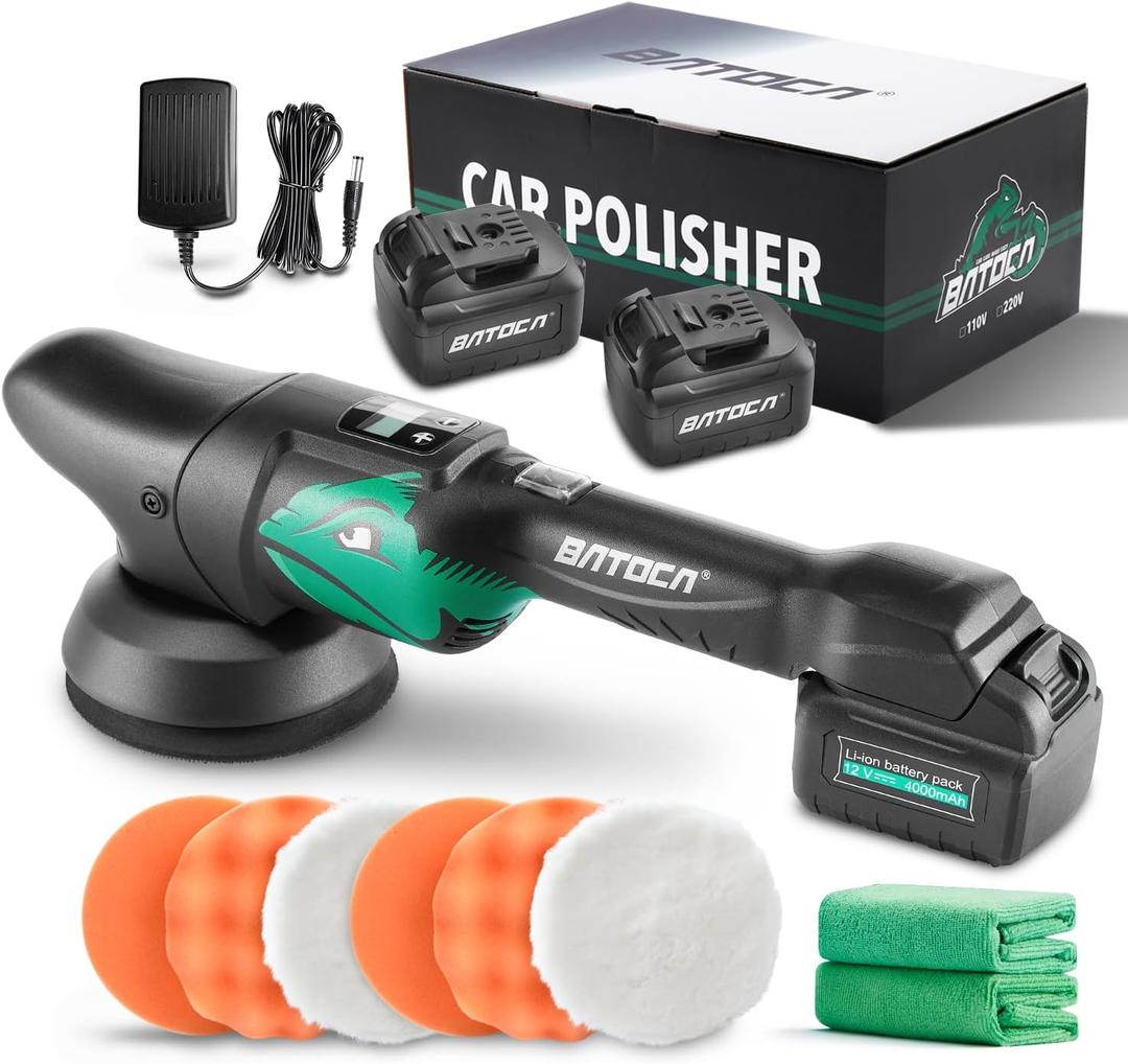 BATOCA S2 Cordless Random Orbital Polisher Buffer, 2Pcs 4.0Ah Batteries, LCD Display with 6 Variable Speed 2000- 4500 RPM Wireless Car Polishing Kit for Car Detailing, Polishing, Waxing, Cleaning