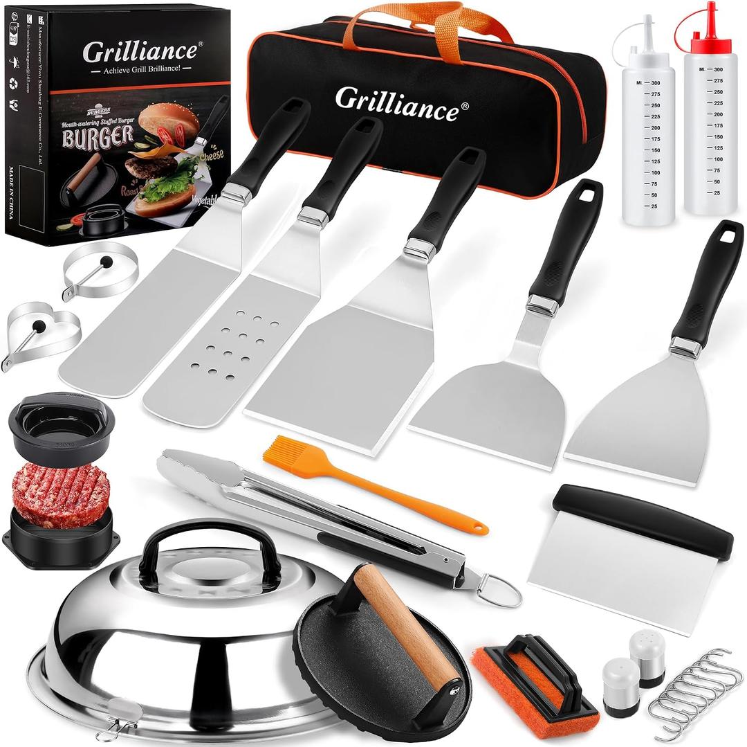 Grilliance 27pcs Griddle Accessories Kit for Blackstone, Professional Hibachi Flat Top Grill Tools, Enlarged Spatula Gift Set with Basting CoverBurger Press Patty Maker for Outdoor BBQ Teppanyaki