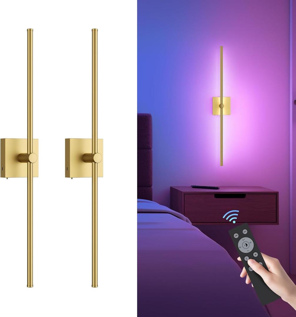 Battery Operated Wall Sconce with Remote Control, 10000mAh Dimmable Wall Sconces Set of Two, 2700K-6500K Adjustable, 7 RGB Colors, Rechargeable LED Wireless Wall Lights for Bedroom, Gold, 32 Inch