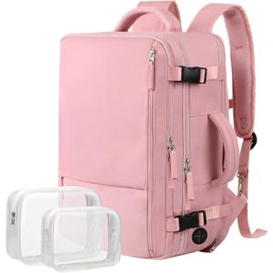 Hanples Carry on Travel Backpack for Women, Large 40L Personal Item Luggage Backpack,17inch Laptop Backpack TSA Flight Approved, Travel Essentials Casual Daypack with 2 Toiletry Bags (Pink)