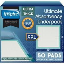 Inspire Super Absorbent Disposable Bed Pads for Chronic Incontinence Ultra Thick and Absorbent Bed Pads Disposable Adult | Pee Pads for Adults (36" X 36" Pack of 50) XX Large