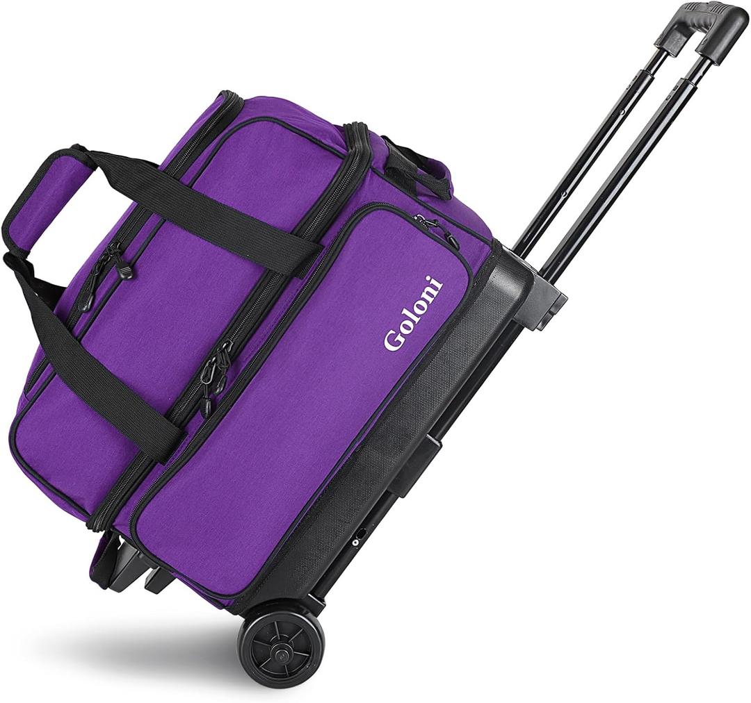 Goloni Double Roller 2 Ball Bowling Bag with Separate Shoe Compartment,2 Ball Bowling Bag with Wheels,Retractable Handle Extends to 40" (Purple)