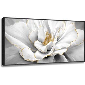 Woxfcart Framed Peony Floral Wall Art, Black and White Dahlias Flower With Gold Accents Print Canvas Artwork for Gray Living Room Bedroom Office Decor, 20 x 40 Inch