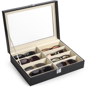 CO-Z Leather Multi Sunglasses Organizer for Women Men, Eyeglasses Eyewear Display Case with 8 Slots, Jewelry Watch Organizer, Sunglasses Jewelry Collection Case, Sunglass Glasses Storage Holder Box (Black)