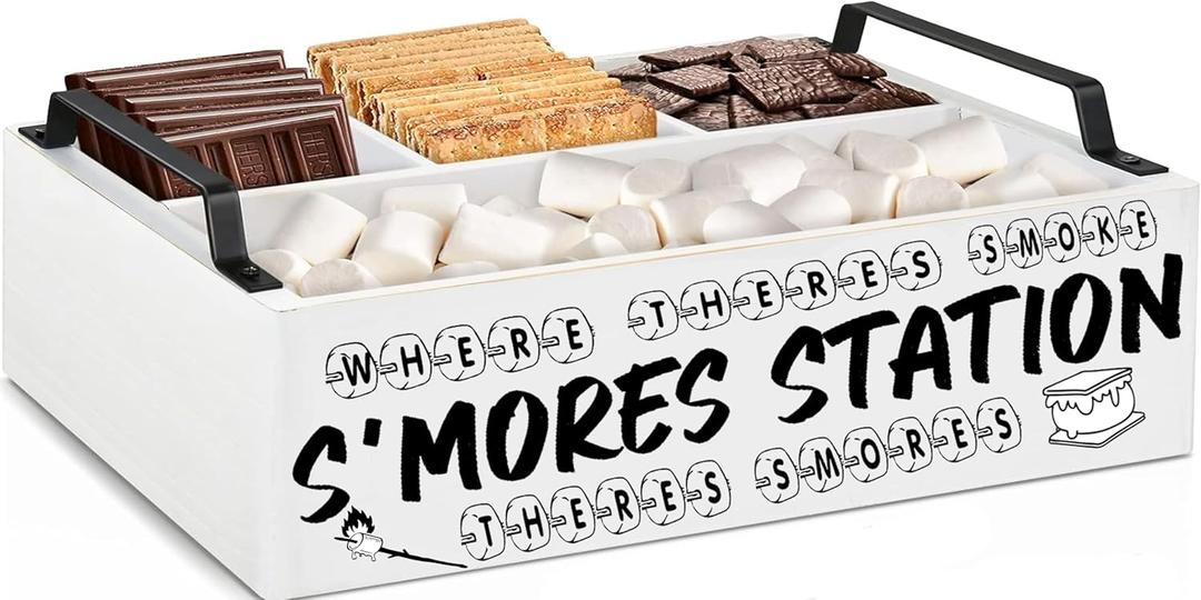 Smores Station with Handles - Smores Box, Smores Caddy (White), Smores Tray, Smores Kit Organizer - Perfect for Marshmallow Roasting Sticks, Chocolate, Smores Sticks, SMores Kit Maker