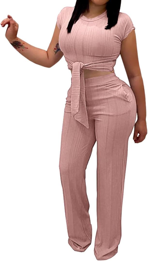 EDITCOZY Women 2 Piece Outfits Sexy Tie Front Crop Top Wide Leg Pants Sets Casual Summer Ribbed Two Piece Set (Small, Pink)