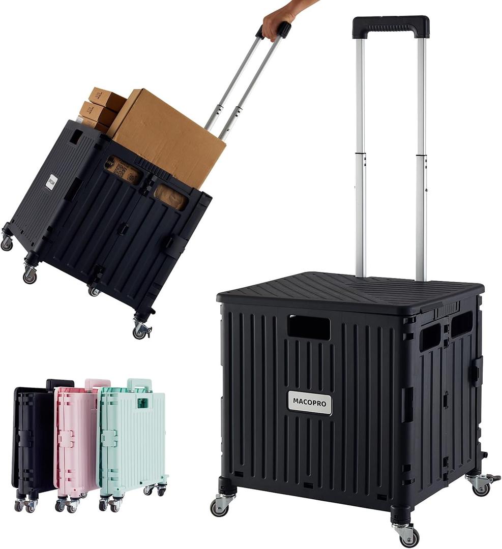 MACOPRO Folding Utility Cart Portable Rolling Crate Handcart Shopping Trolley Collapsible Tool Box, with Lid, Basket on 4 Rotate Wheels, for Grocery, Office, Luggage, Teacher (Black)