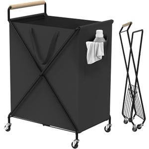 Foldable Metal Laundry Basket with Wheels, 2-Section Rolling Laundry Hamper, 37 Gallons (140L), Only 4LB, Removable Liner, Steel Frame with Handle, Black