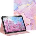OKP Case for iPad 11-inch (A16) 2025 / 10th Generation 2022, for ipad 11th /10th 10.9 inch with Multi-Angle Viewing PU Leather Stand Cover with Pencil Holder & Pocket, Auto Sleep/Wake, Marble Rosegold